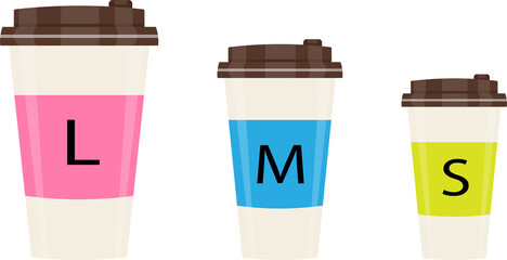 Vector illustration of three coffee cups size L, M, S.