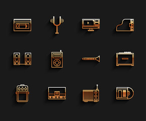 Set line Guitar pedal, Piano, VHS video cassette tape, Radio with antenna, Vinyl disk, Music MP3 player, amplifier and Clarinet icon. Vector