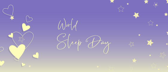 World Sleep day banner , violet yellow background with stars and heart.