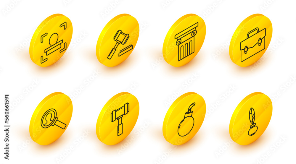 Poster Set line Feather and inkwell, Bomb ready to explode, Judge gavel, Magnifying glass for search, Briefcase, Law pillar, and Face recognition icon. Vector