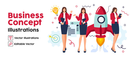 Business Concept illustrations. set Collection of scenes with women taking part in workaholic business idea presentation activities. Vector illustration