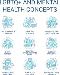 LGBTQ and mental health turquoise concept icons set. Acceptance. Inclusion idea thin line color illustrations. Isolated symbols. Editable stroke. Roboto-Medium, Myriad Pro-Bold fonts used