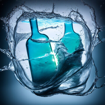 A bottle of cold alcohol. Advertising of a cold drink in water. A ship in a bottle. Abstract image of the sea. A bottle of refreshing drink. Generative AI