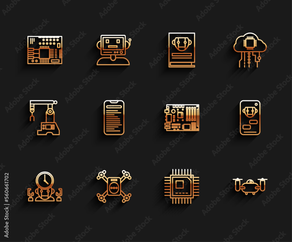 Poster set line robot and digital time manager, printed circuit board pcb, processor microcircuits cpu, com