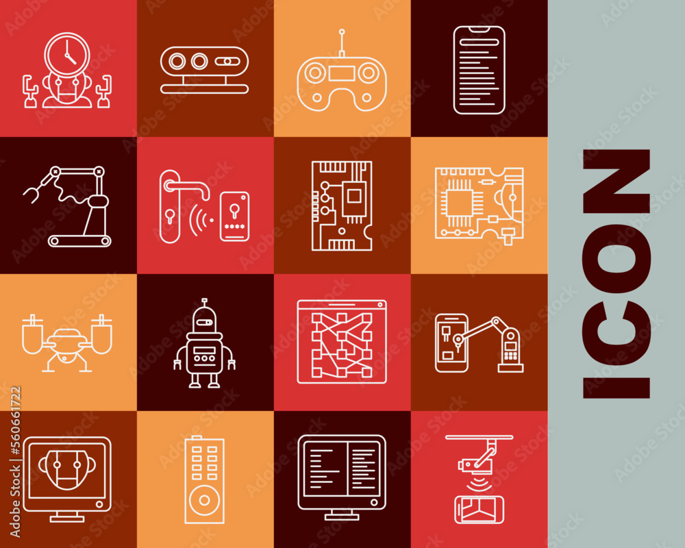 Poster set line wireless controlling cctv security camera, factory, robot digital time manager and electron