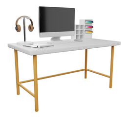 Desk with computer, earphones, pen. 3D rendering.
