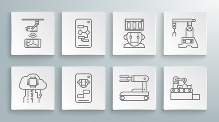 Set line Internet of things, Algorithm, Bot, Robot, Factory conveyor system belt, Assembly line and Wireless Controlling CCTV security camera icon. Vector