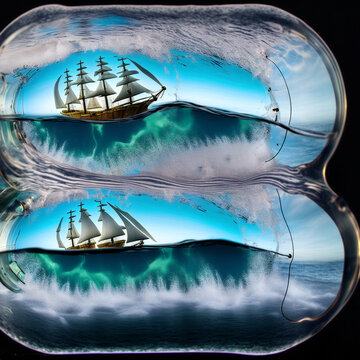 A ship in a bottle. A large old ship with sails in a stormy sea. Storm in a bottle. Abstract image of the sea. Sailing ship on a stormy ocean. A bottle of refreshing drink. Generative AI