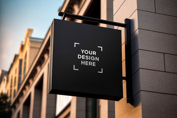 Black square signboard mockup in outside for logo design, brand presentation for companies, ad, advertising, shops. 