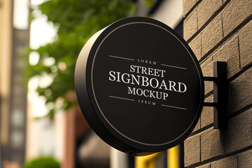 Black round signboard on the wall outdoor, mock up for logo design, brand presentation for companies, shops. Board and signboard mockup. 