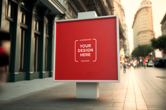 Red square signboard mockup in outside for logo design, brand presentation for companies, ad, advertising, shops. 