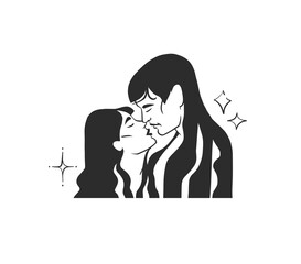 Hand drawn vector abstract graphic illustration Valentines day cards template, drawing kissing couple portrait set in line art style.Love couple kissing together.Valentines beautiful design concept.