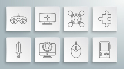 Set line Sword for game, Computer monitor, Create account screen, mouse gaming, Portable video console, Share, Piece of puzzle and Gamepad icon. Vector