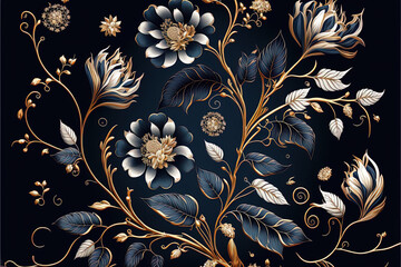 Luxury flowers wallpaper background, gold and blue, Generative AI