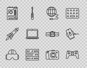 Set line Virtual reality glasses, Gamepad, Social network, Server, Data, Web Hosting, Motherboard, Laptop, Mirrorless camera and Wireless charger icon. Vector