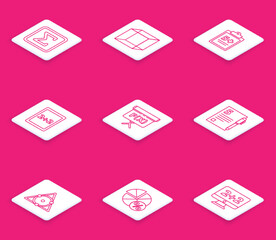 Set line Geometric figure Square, Function mathematical symbol, Mathematics function sine, Calculation, Cube, Open book, Chalkboard and Equation solution icon. Vector