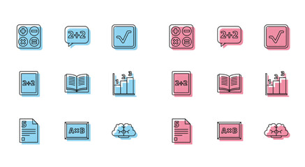 Set line Infinity, Calculation, Square root, Graph, schedule, chart, diagram, Equation solution, and icon. Vector