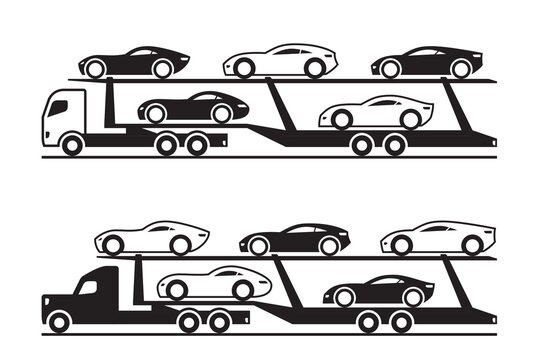 Car transporter trucks with sport vehicles- vector illustration