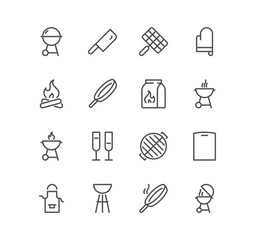 Set of grill and related icons, charcoal, bonfire, grill utensils and linear variety vectors.