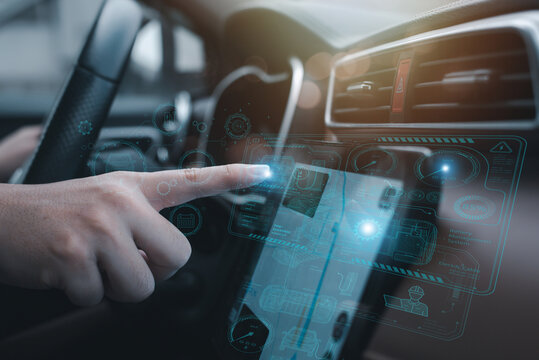graphic user interface and a futuristic car (GUI). intelligent vehicle connected vehicle The Internet of Things the head-up display (HUD).