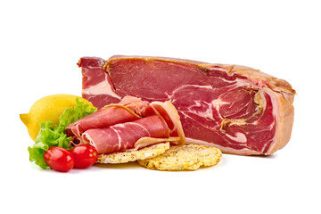 Delicious jerked prosciutto crudo, isolated on white background. High resolution image.