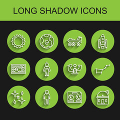 Set line Planet, Alien, Sun, Celestial map of the night sky, Astronomical observatory, Astronaut, Great Bear constellation and Solar system icon. Vector