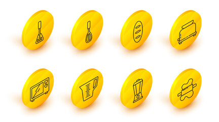 Set line Rolling pin on dough, Blender, Measuring cup, Microwave oven, Toaster, Bread loaf, Kitchen whisk and Spatula icon. Vector