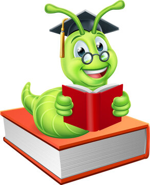 A bookworm caterpillar worm cartoon character education mascot reading while sitting on a pile of books wearing graduation mortar board hat and glasses
