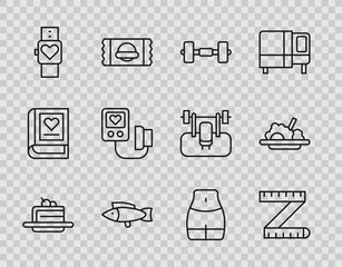 Set line Cake, Tape measure, Dumbbell, Fish, Smart watch, Blood pressure, Women waist and Healthy food icon. Vector