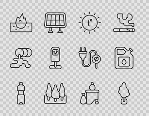 Set line Bottle of water, Tree, Sun, Forest, Iceberg, Trash can, Full dustbin and Canister for gasoline icon. Vector