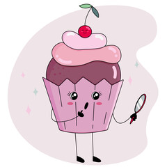 the cute isolated kawaii little pink cake with the mirror and with the cherry on the head