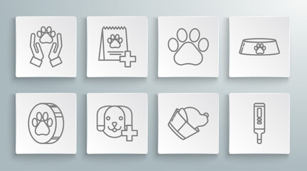 Set line Paw print, Bag of food for dog, Veterinary clinic symbol, Medical digital thermometer, Pet bowl cat and Hands with animals footprint icon. Vector