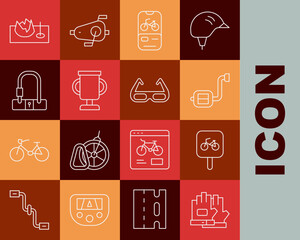 Set line Gloves, Bicycle parking, pedal, rental mobile app, Award cup with bicycle, lock, on street ramp and Sport cycling sunglasses icon. Vector