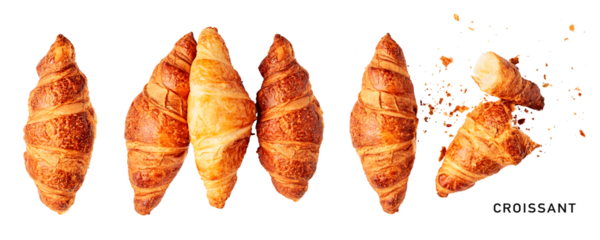 Fresh croissant set. PNG with transparent background. Flat lay. Without shadow.