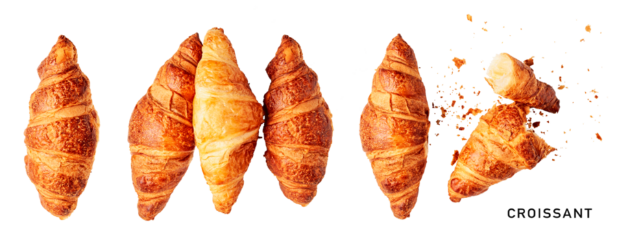 Fresh croissant set. PNG with transparent background. Flat lay. Without shadow.