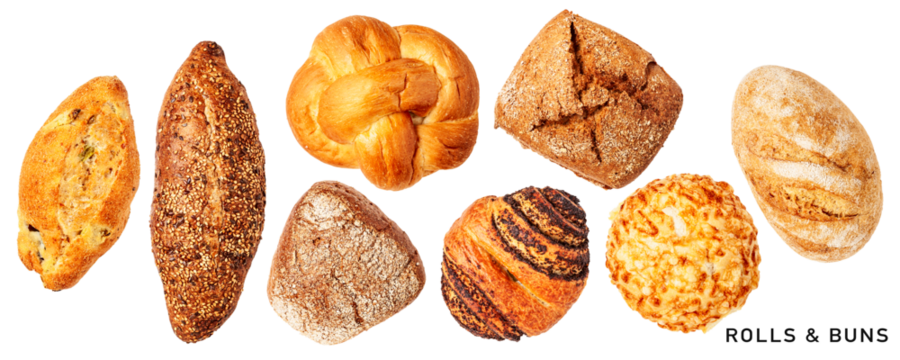 Fresh rolls buns set. PNG with transparent background. Flat lay. Without shadow.