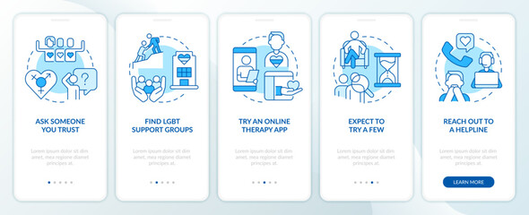 Finding LGBTQ friendly therapist blue onboarding mobile app screen. Walkthrough 5 steps editable graphic instructions with linear concepts. UI, UX, GUI template. Myriad Pro-Bold, Regular fonts used