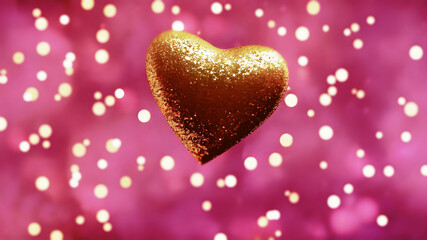 Sparkly golden heart on a pink bokeh background, perfect for Valentine's Day. Sequins trendy...