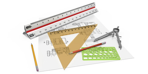 3d Lineal, Dreickmeßstab mit Zeichendreieck, Zirkel, Bleistifte, Lochschablone und technischer Zeichnung, Arbeitsplatz Konstruktion, freigestellt