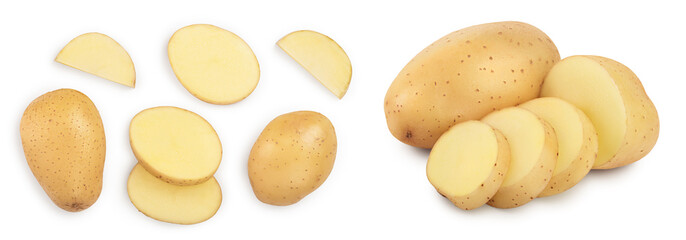 Young potato isolated on white background. Harvest new. Top view. Flat lay,