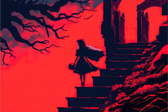 The red witch in the hood climbs the stairs Generative AI