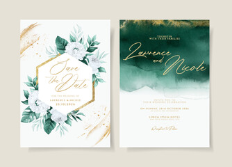 Fototapeta na wymiar Watercolor wedding invitation template set with white floral and leaves decoration