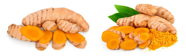 turmeric root with slices isolated on white background close up
