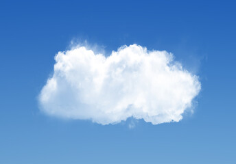 Fototapeta premium Single cloud isolated over blue sky background. White fluffy cloud photo, beautiful cloud shape. Climate concept