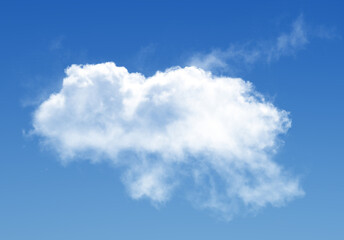 Naklejka na ściany i meble Single cloud isolated over blue sky background. White fluffy cloud photo, beautiful cloud shape. Climate concept