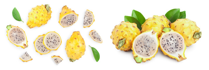 Dragon fruit, Pitaya or Pitahaya yellow with leaf isolated on white background. Top view. Flat lay