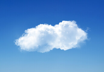 Naklejka na ściany i meble Single cloud isolated over blue sky background. White fluffy cloud photo, beautiful cloud shape. Climate concept