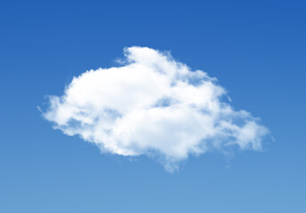 Single cloud isolated over blue sky background. White fluffy cloud photo, beautiful cloud shape. Climate concept