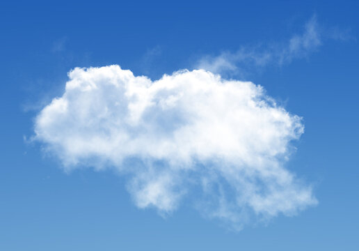Single cloud isolated over blue sky background. White fluffy cloud photo, beautiful cloud shape. Climate concept
