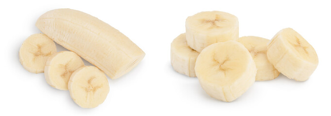 peeled banana isolated on white background with full depth of field. Top view. Flat lay.